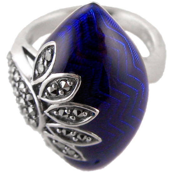 Elegant Ring Elizabethan Style 925 Sterling Silver English Hallmarks Set with Blue Enamel and Marcasite