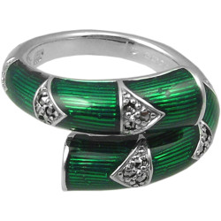 Bamboo Style Ring 925 Sterling Silver English Hallmarks Set with Green Enamel and Marcasite