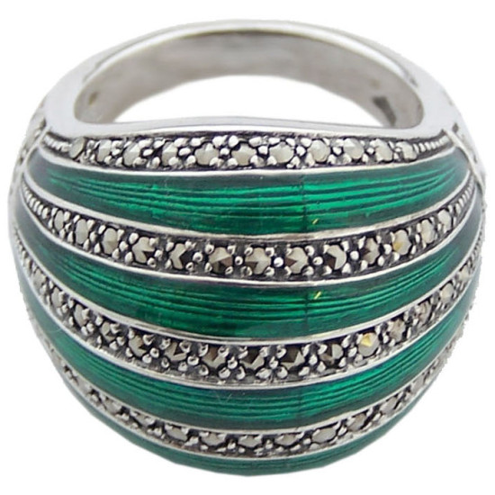 Elegant Ring Elizabethan Style 925 Sterling Silver English Hallmarks Set with Green Enamel and Marcasite