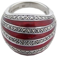 RG532 - Sterling Silver Ring With Red Enamel And Marcasite