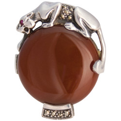 Panther Ring Art Deco Style 925 Sterling Silver English Hallmarks Set With Red Agate Marcasite and Ruby Eyes