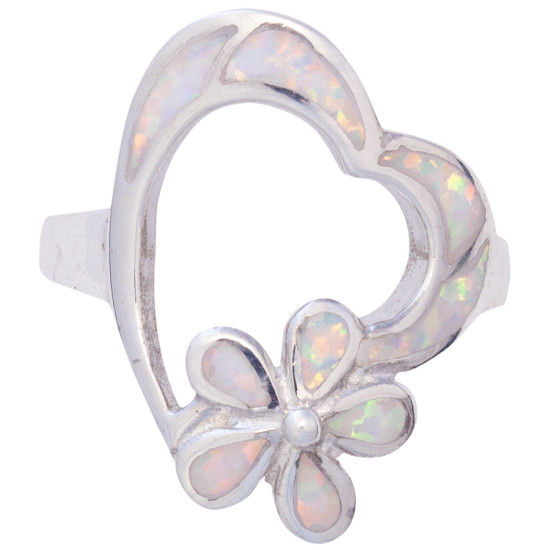 Heart and Flower Ring 925 Sterling Silver With Crushed White Opal Resin