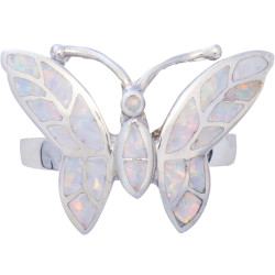 Butterfly Ring 925 Sterling Silver Set With Crushed White Opal Resin