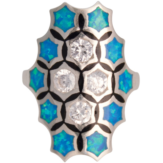 Geometric Style Ring 925 Sterling Silver Set With Crushed Blue Opal Resin and Cubic Zirconia