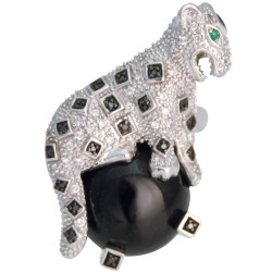 Leopard Ring Art Deco Style 925 Sterling Silver English Hallmarks Set with Onyx Black Diamonds and Cubic Zirconia