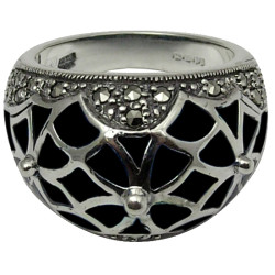 Elegant Ring Elizabethan Style 925 Sterling Silver English Hallmarks Set with Black Enamel and Marcasite