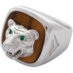 Tigers Head Ring 925 Sterling Silver English Hallmarks Set with Tiger Eye and Emerald