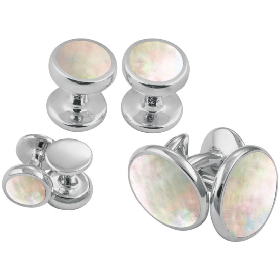 Cufflinks and Studs Dress Shirt Set 925 Sterling Silver English Hallmarks Set With Mother of Pearl