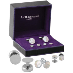Button Design Cufflinks and Studs Dress Shirt Set 925 Sterling Silver English Hallmarks Set With Mother of Pearl
