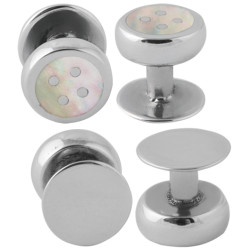 Set of 4 Button Design Dress Shirt Studs 925 Sterling Silver Set With Mother of Pearl