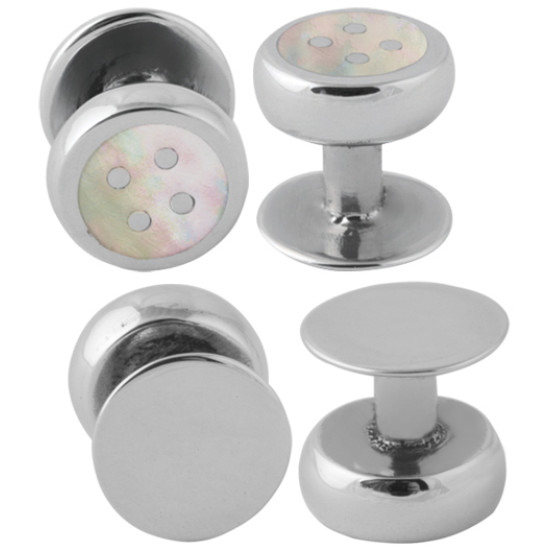Set of 4 Button Design Dress Shirt Studs 925 Sterling Silver Set With Mother of Pearl