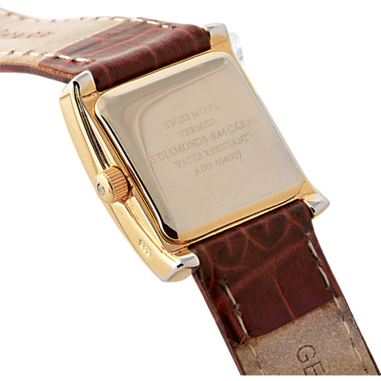 Unisex Watch Gold Plated Sterling Silver (Vermeil) Set With Diamonds With Brown Leather Strap