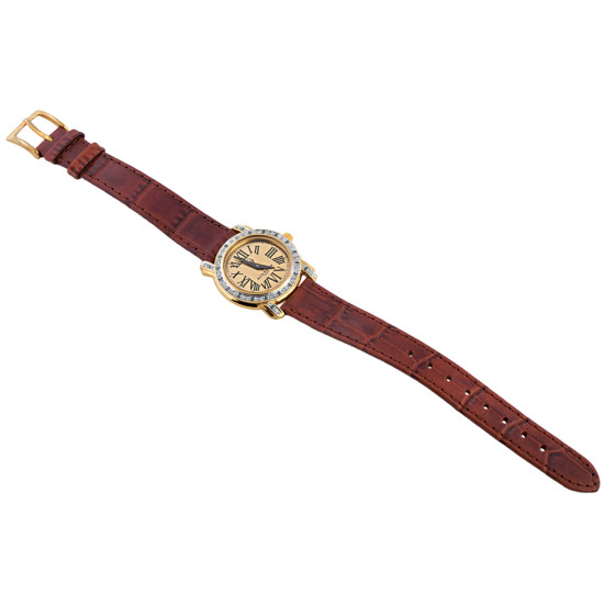 Unisex Watch Gold Plated Sterling Silver (Vermeil) Set With Diamonds With Brown Leather Strap