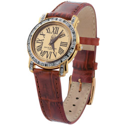 Unisex Watch Gold Plated Sterling Silver (Vermeil) Set With Diamonds With Brown Leather Strap