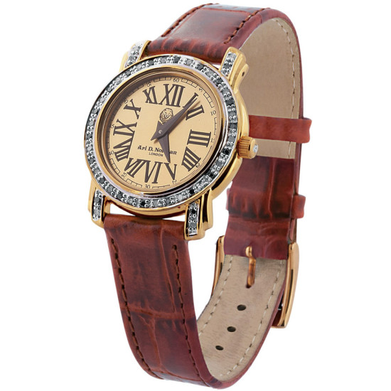 Unisex Watch Gold Plated Sterling Silver (Vermeil) Set With Diamonds With Brown Leather Strap