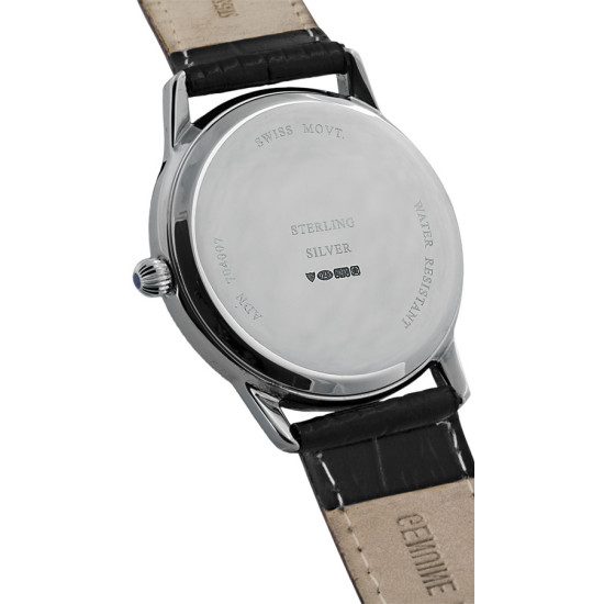 Diamond Effect Unisex Watch 925 Sterling Silver English Hallmarks With Black Leather Strap