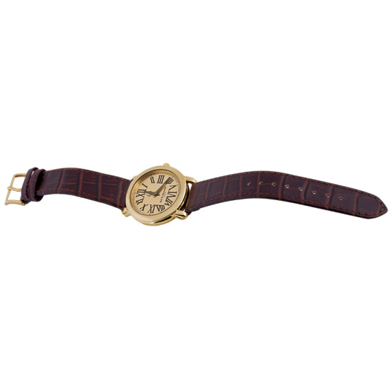 Unisex Watch Gold Plated Sterling Silver (Vermeil) English Hallmarks With Brown Leather Strap and Blue Sapphire Winder