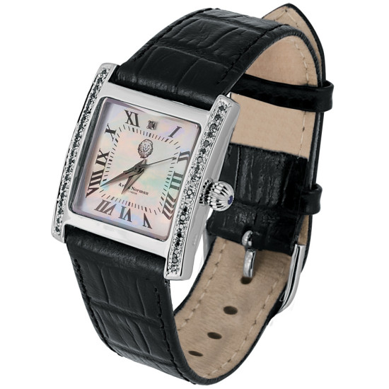 Unisex Watch 925 Sterling Silver English Hallmarks Set With Diamonds With Black Leather Strap