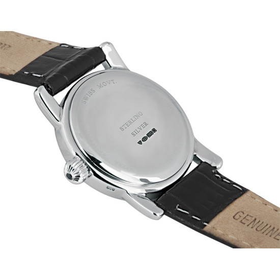 Unisex Watch 925 Sterling Silver English Hallmarks Set With Diamonds With Black Leather Strap