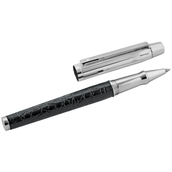 Rollerball Pen 925 Sterling Silver English Hallmarks with Black Leather Set with a Diamond