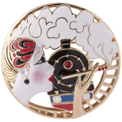 Lady and Train Pin Brooch Art Deco Style Gold Plated Metal Alloy Set With Enamel and Sparkling Austrian Crystals