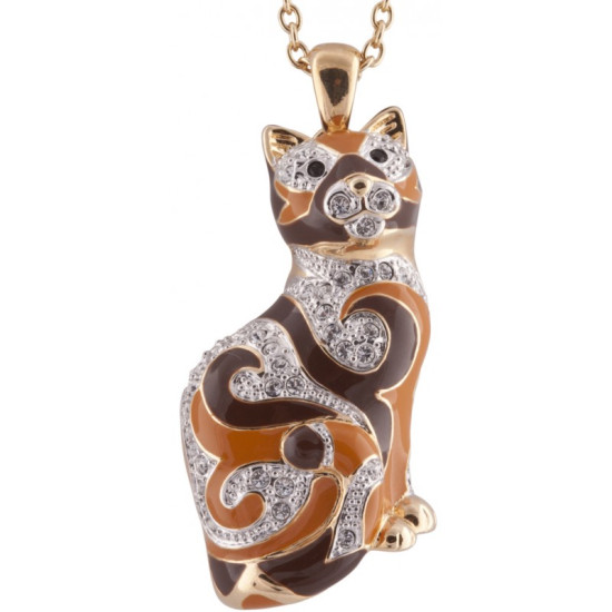 Cat Pin Brooch Pendant Art Deco Style Gold Plated Metal Alloy Set With Enamel and Sparkling Austrian Crystals