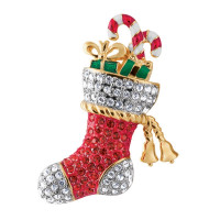 JB133   Gold Plated Christmas Stocking Brooch With Swarovski Crystals Jewelari of London