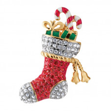 JB133   Gold Plated Christmas Stocking Brooch With Swarovski Crystals Jewelari of London