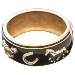 Equestrian Cuff Bangle Gold Plated Metal Alloy Set With Enamel and Sparkling Austrian Crystals