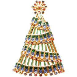 Christmas Tree Pin Brooch Gold Plated Metal Alloy Set With Sparkling Austrian Crystals