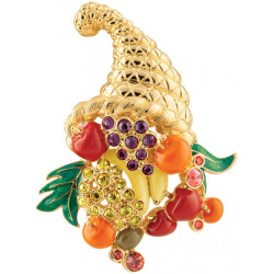 Cornucopia Pin Brooch Gold Plated Metal Alloy Set With Enamel and Sparkling Austrian Crystals