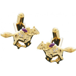 Jockey on Horse Cufflinks Gold Plated Metal Alloy Set with Enamel and Sparkling Austrian Crystals
