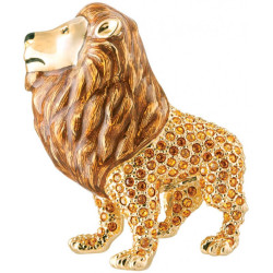 Lion Pin Brooch Art Deco Gold Plated Metal Alloy Set With Enamel and Sparkling Austrian Crystals