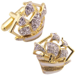 Thanksgiving Mayflower Cufflinks Gold Plated Metal Alloy Set With Enamel and Sparkling Austrian Crystals