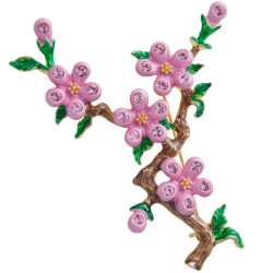 Cherry Blossom Pin Brooch Gold Plated Metal Alloy Set With Enamel and Sparkling Austrian Crystals