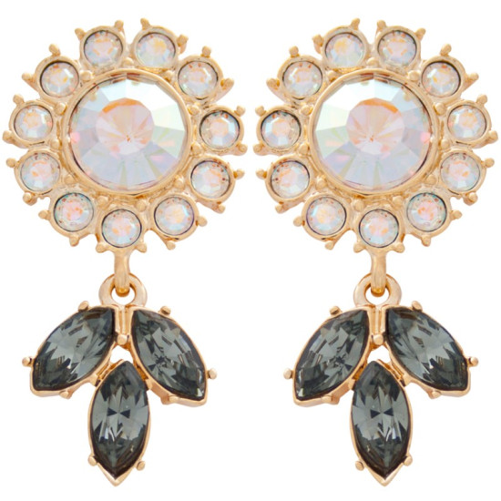 Flower Earrings Art Nouveau Style Gold Plated Metal Alloy Set With Enamel and Sparkling Austrian Crystals