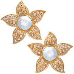 Flower Stud Earrings Art Nouveau Style Gold Plated Metal Alloy Set With Enamel and Sparkling Austrian Crystals