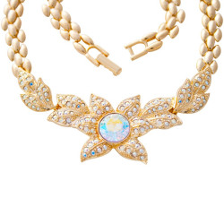 Floral Choker Necklace Art Nouveau Style Gold Plated Metal Alloy Set With Sparkling Austrian Crystals