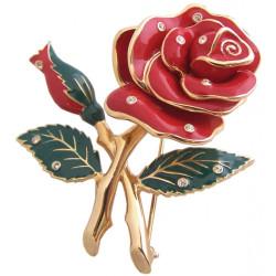 Rose Pin Brooch Art Deco Style Gold Plated Metal Alloy Set With Enamel and Sparkling Austrian Crystals