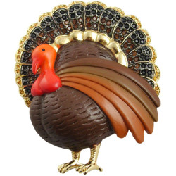 Thanksgiving Turkey Pin Brooch Art Deco Style Gold Plated Set With Enamel and Sparkling Austrian Crystals