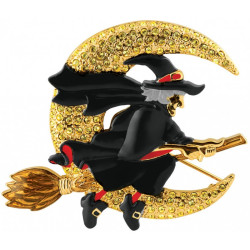 Witch on Broom Pin Brooch Gold Plated Metal Alloy Set With Enamel and Sparkling Austrian Crystals Witch on Broom Pin Brooch Gold Plated Metal Alloy Set With Enamel and Sparkling Austrian Crystals