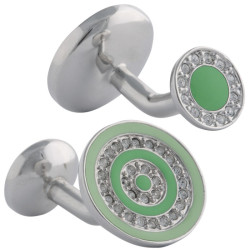 Round Cufflinks Rhodium Plated Metal Alloy Set With Green Enamel and Sparkling Austrian Crystals
