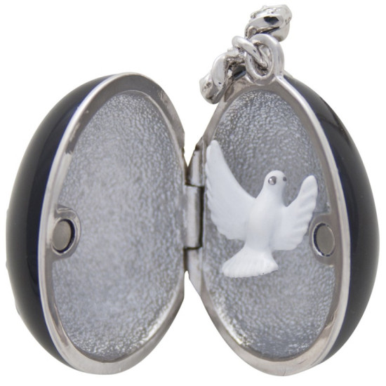 Dove Egg Shaped Necklace Pendant Art Deco Style Rhodium Plated Set With Enamel and Sparkling Clear Austrian Crystals