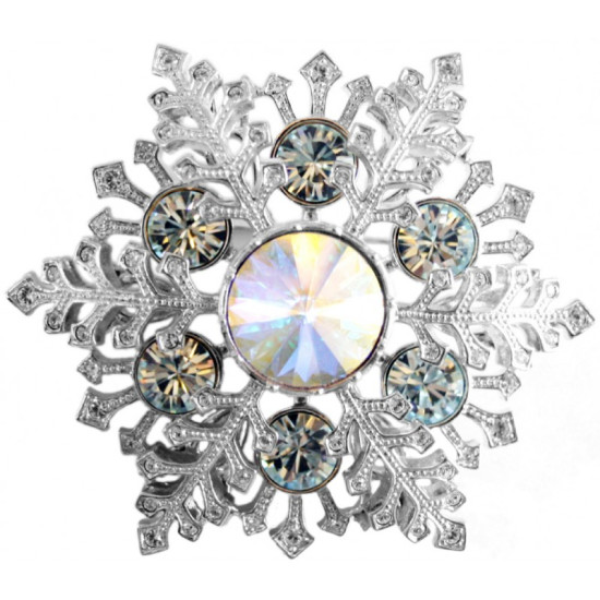 Snowflake Pin Brooch Rhodium Set With Sparkling Austrian Crystals