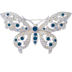 Butterfly Pin Brooch Art Deco Style Rhodium Plated Set With Sparkling Austrian Crystals