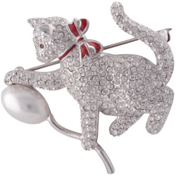 Cat With Balloon Pin Brooch Rhodium Plated Metal Alloy Set with Enamel and Sparkling Swarovcki Crystals and Pearl