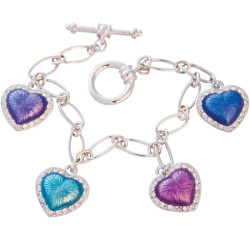 Heart Charm Bracelet Rhodium Plated Metal Alloy Set With Blue, Purple and Pink Enamel and Sparkling Austrian Crystals