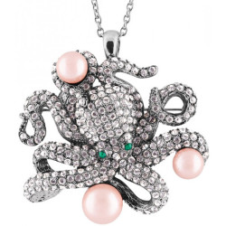 Octopus Pin Brooch Pendant Art Deco Style Rhodium Plated Metal Alloy With Sparkling Austrian Crystal And Pearls