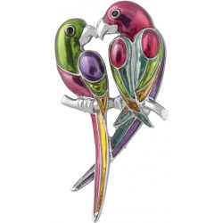 Parrots Pin Brooch Rhodium Plated Metal Alloy Set With Enamel