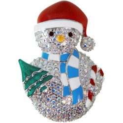 Christmas Snowman Pin Brooch Rhodium Plated Metal Alloy Set With Jewellers Enamel and Sparkling Austrian Crystals